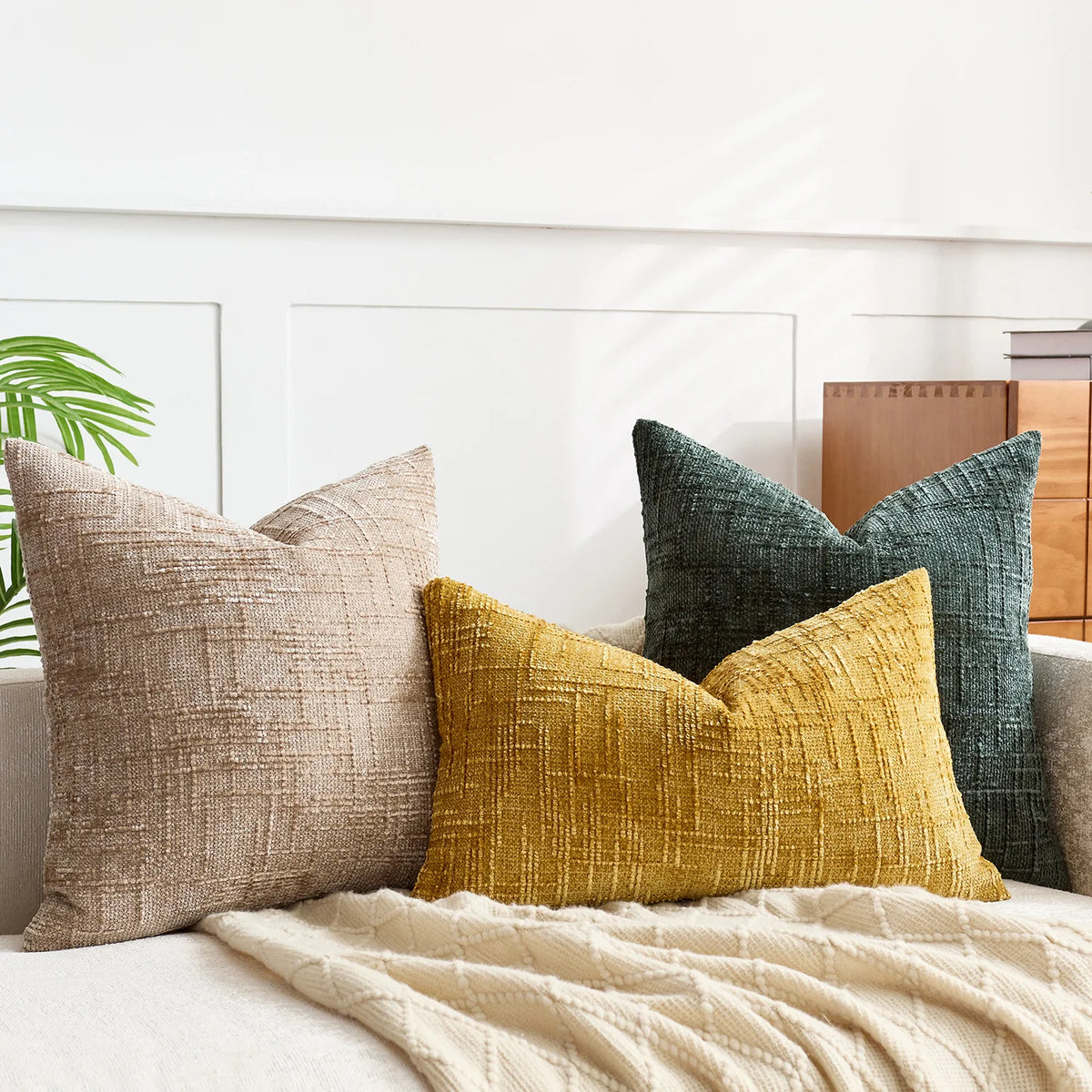 Plush Chenille Pillow Case 18 in Textured Bamboo Relief Pattern for Sofa Bed Living Room Bedroom Accent Home Décor Throw Cushion Slipcover