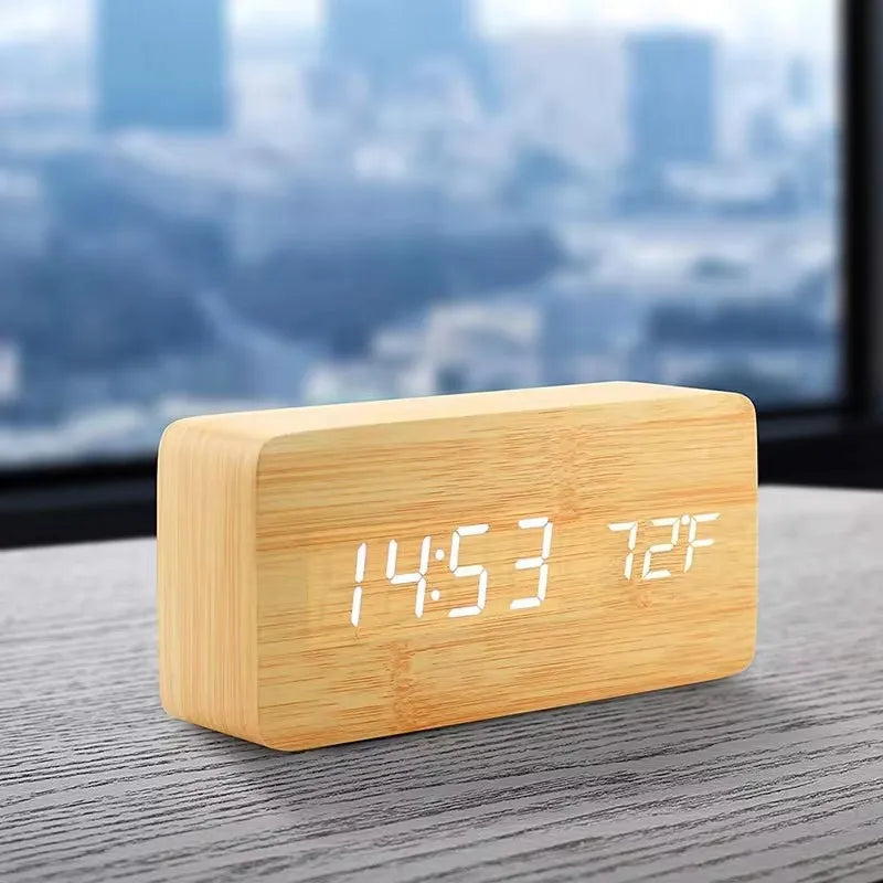 Digital LED Desk Clock with Triple Alarms Temperature Display Brightness Control Wood Grain Finish USB Powered for Bedroom Office Nightstand
