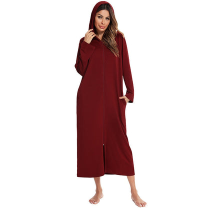 Zip-Front Hooded Bathrobe for Women – Soft Fleece Robe with Pockets & Full Zipper – Cozy Loungewear for Home, After Shower, Maternity