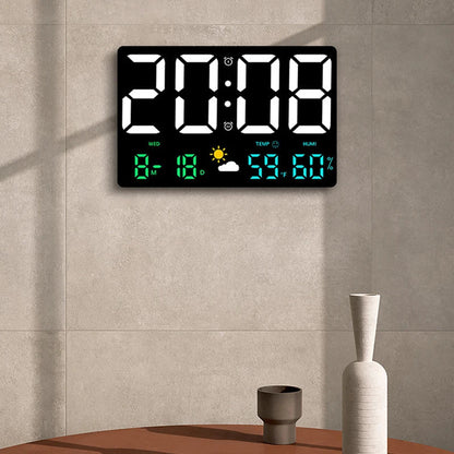 LED Alarm Clock with Weather Display 9.8 inch Temperature Humidity Monitor Remote Control Desk Wall Mount Digital Clock for Bedroom Office H