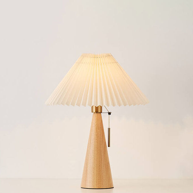 Wooden Bedside Lamp with Pleated Shade 14 in Dimmable Fabric Accent Light for Bedroom Living Room Reading Nook Japandi Scandinavian Decor