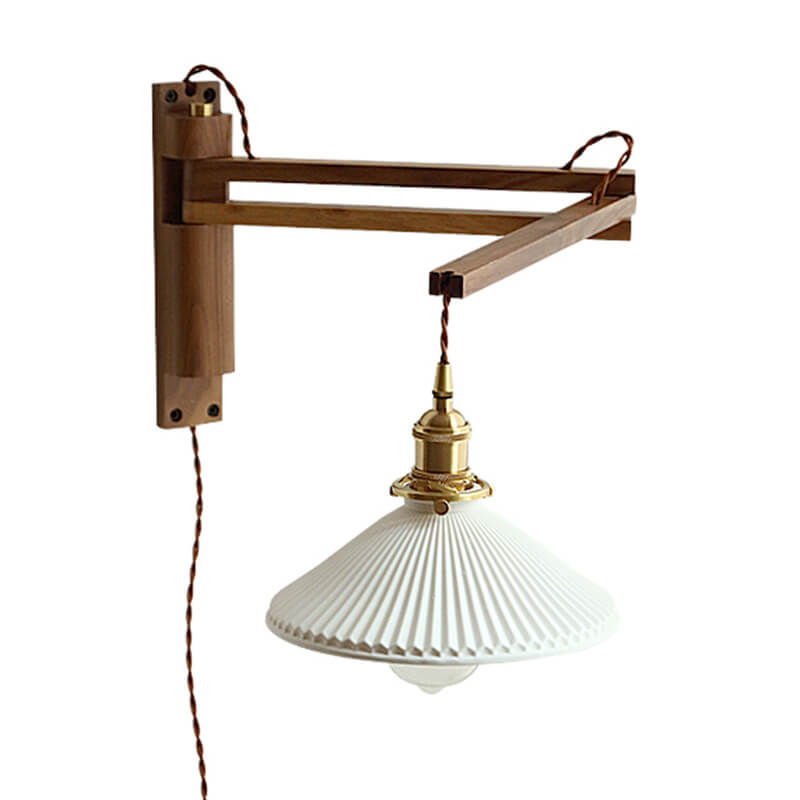 Articulating Wood Arm Wall Sconce with Ribbed Glass Shade – Adjustable Bedside Reading Light for Modern & Japandi Bedroom, Hallway, Living R