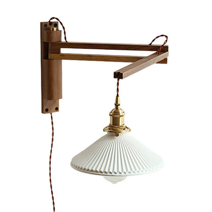 Articulating Wood Arm Wall Sconce with Ribbed Glass Shade – Adjustable Bedside Reading Light for Modern & Japandi Bedroom, Hallway, Living R