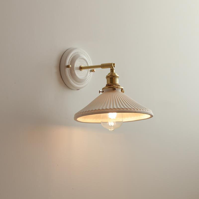Handcrafted Porcelain Shade Brass Wall Light Fixture Single Bulb Hardwired Sconce for Bedroom Hallway Entryway Vintage Home Decor