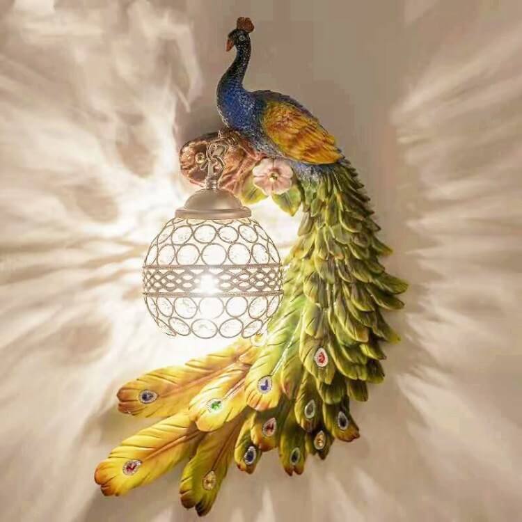 Crystal Globe Peacock Wall Light Fixture Decorative Resin Single Bulb Sconce for Bedroom Living Room Hallway Entryway Home Decor