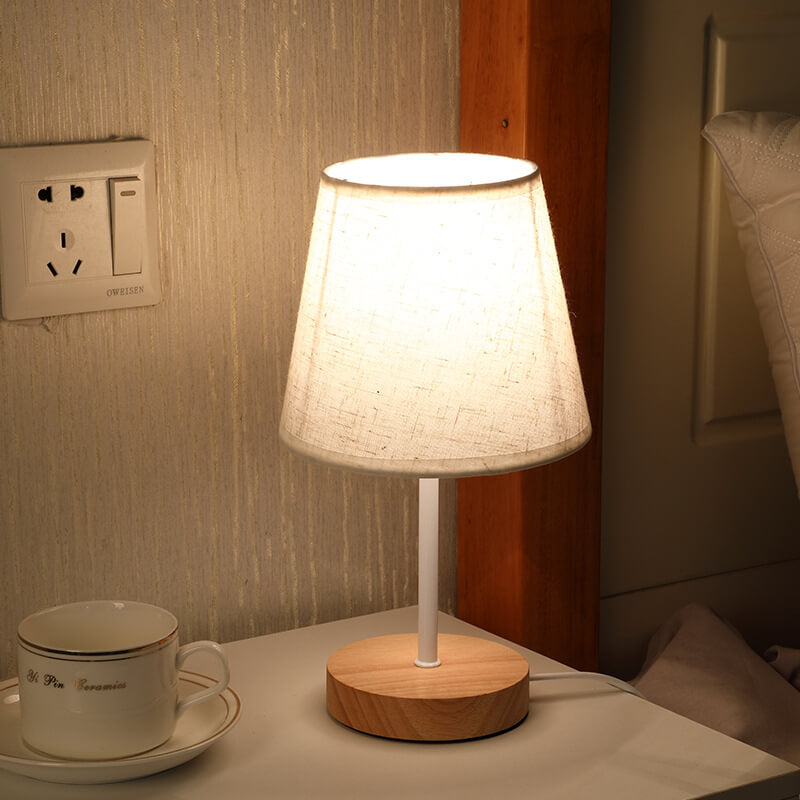 Wood Accent LED Table Lamp with Fabric Shade – USB Powered for Bedroom, Nightstand & Living Room