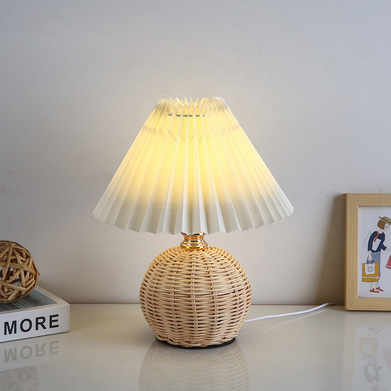Nordic Rattan Table Lamp with Fabric Shade, USB Powered & Infinitely Dimmable LED Light for Bedroom, Living Room, Study