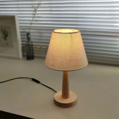 Solid Wood Table Lamp with Fabric Shade E26 Plug-In for Bedroom Living Room Study