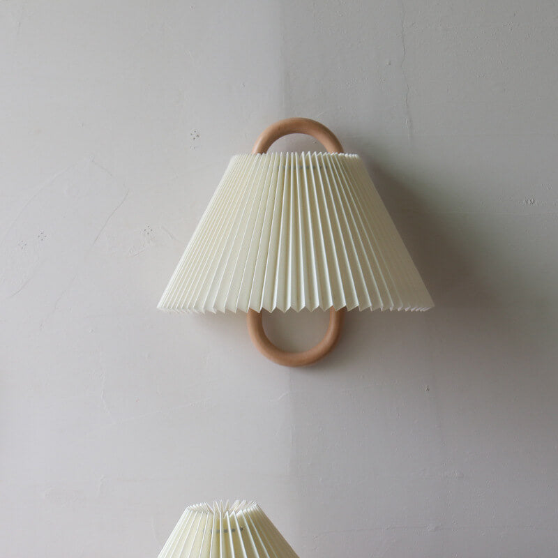 Fabric Half-Moon Wall Sconce with Natural Wood Backplate for Bedroom & Living Room