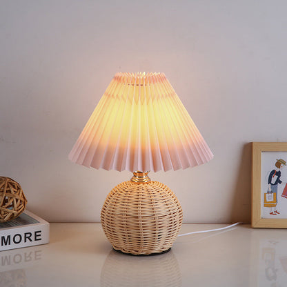 Nordic Rattan Table Lamp with Fabric Shade, USB Powered & Infinitely Dimmable LED Light for Bedroom, Living Room, Study