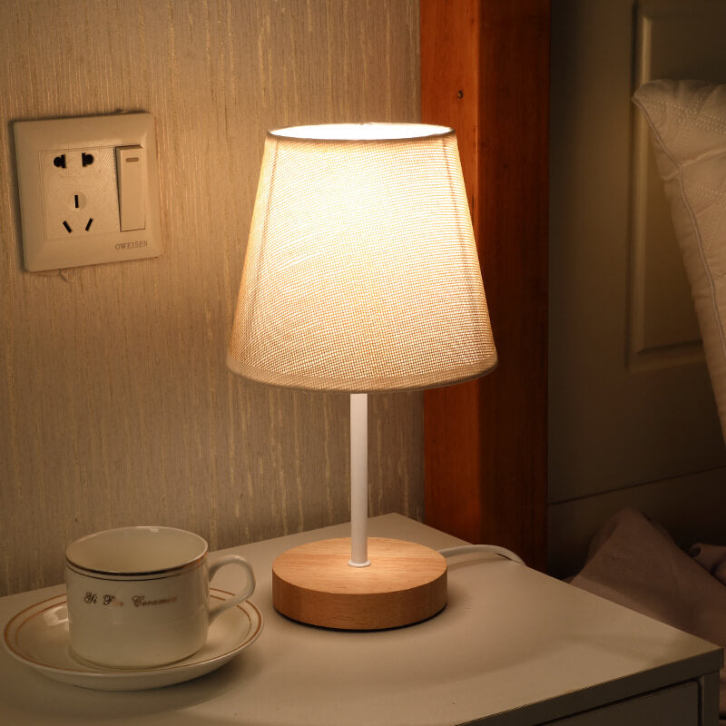 Wood Accent LED Table Lamp with Fabric Shade – USB Powered for Bedroom, Nightstand & Living Room