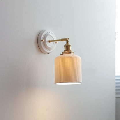 Pleated Shade Wall Sconce Lamp with Brass Arm for Bedroom Living Room & Study | Retro Japanese Style Ceramic Fixture