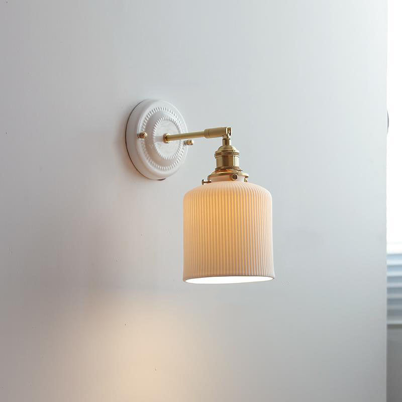 Handcrafted Porcelain Shade Brass Wall Light Fixture Single Bulb Hardwired Sconce for Bedroom Hallway Entryway Vintage Home Decor