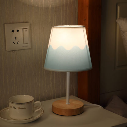 Wood Accent LED Table Lamp with Fabric Shade – USB Powered for Bedroom, Nightstand & Living Room