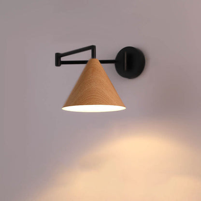 Swing Arm Wall Sconce with Conical Shade for Bedside Reading, Adjustable Iron Fixture in Walnut Finish, E26 Base, Bedroom Task Light
