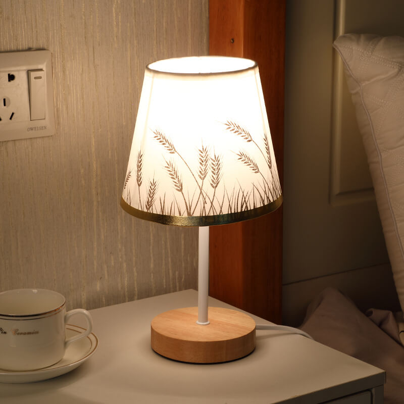 Wood Accent LED Table Lamp with Fabric Shade – USB Powered for Bedroom, Nightstand & Living Room