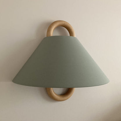Fabric Half-Moon Wall Sconce with Natural Wood Backplate for Bedroom & Living Room