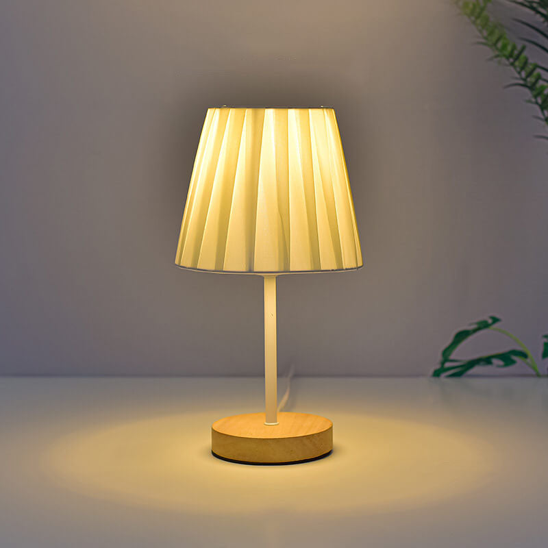Wood Accent LED Table Lamp with Fabric Shade – USB Powered for Bedroom, Nightstand & Living Room