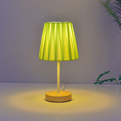 Wood Accent LED Table Lamp with Fabric Shade – USB Powered for Bedroom, Nightstand & Living Room