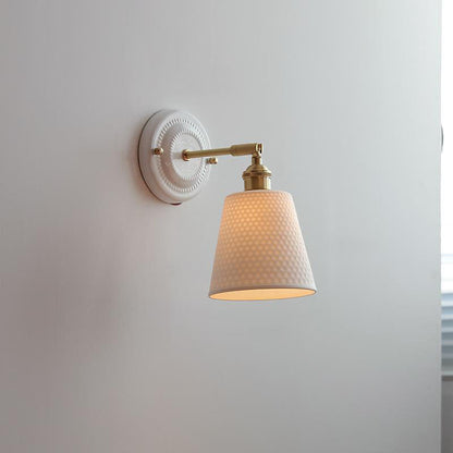Pleated Shade Wall Sconce Lamp with Brass Arm for Bedroom Living Room & Study | Retro Japanese Style Ceramic Fixture