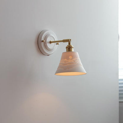 Pleated Shade Wall Sconce Lamp with Brass Arm for Bedroom Living Room & Study | Retro Japanese Style Ceramic Fixture