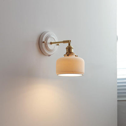 Pleated Shade Wall Sconce Lamp with Brass Arm for Bedroom Living Room & Study | Retro Japanese Style Ceramic Fixture