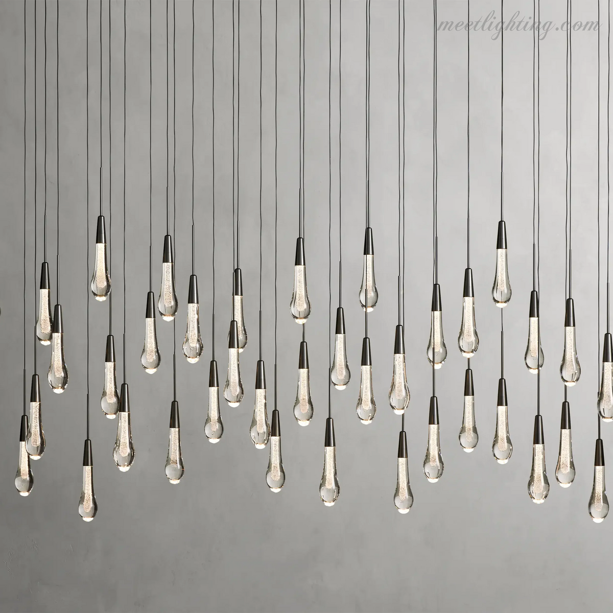 Linear LED Chandelier with Textured Glass Drops – Adjustable Height – Brass Bronze Nickel – 37 to 120 Inch – Dining Room Kitchen Island