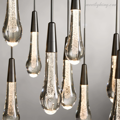 Linear LED Chandelier with Textured Glass Drops – Adjustable Height – Brass Bronze Nickel – 37 to 120 Inch – Dining Room Kitchen Island