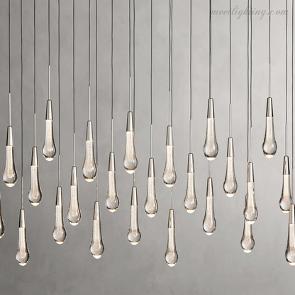 Linear LED Chandelier with Textured Glass Drops – Adjustable Height – Brass Bronze Nickel – 37 to 120 Inch – Dining Room Kitchen Island