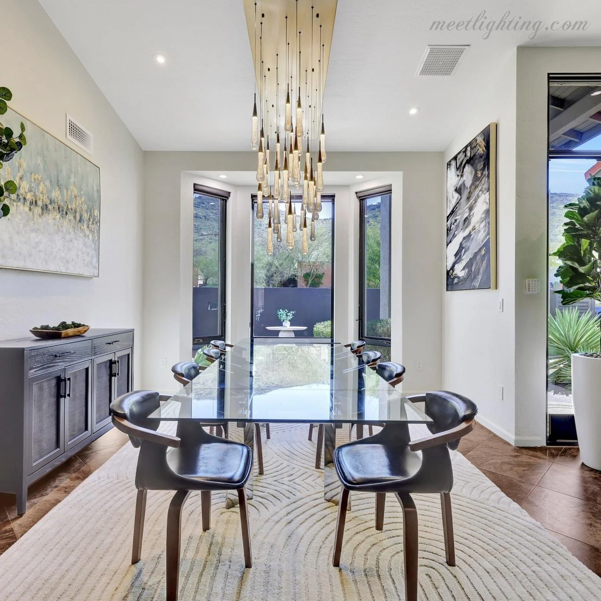 Linear LED Chandelier with Textured Glass Drops – Adjustable Height – Brass Bronze Nickel – 37 to 120 Inch – Dining Room Kitchen Island