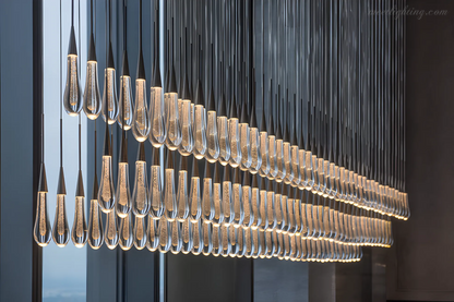 Linear LED Chandelier with Textured Glass Drops – Adjustable Height – Brass Bronze Nickel – 37 to 120 Inch – Dining Room Kitchen Island