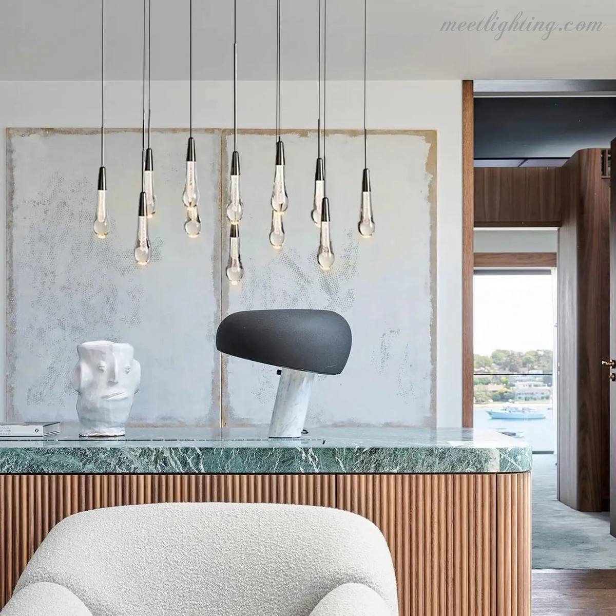 Linear LED Chandelier with Textured Glass Drops – Adjustable Height – Brass Bronze Nickel – 37 to 120 Inch – Dining Room Kitchen Island