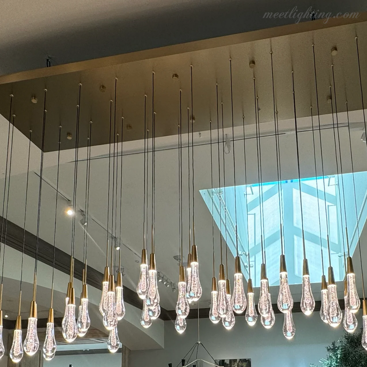 Linear LED Chandelier with Textured Glass Drops – Adjustable Height – Brass Bronze Nickel – 37 to 120 Inch – Dining Room Kitchen Island