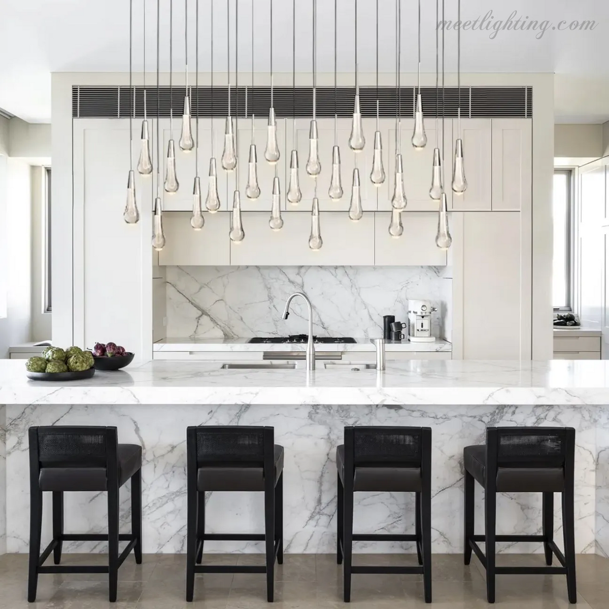 Linear LED Chandelier with Textured Glass Drops – Adjustable Height – Brass Bronze Nickel – 37 to 120 Inch – Dining Room Kitchen Island