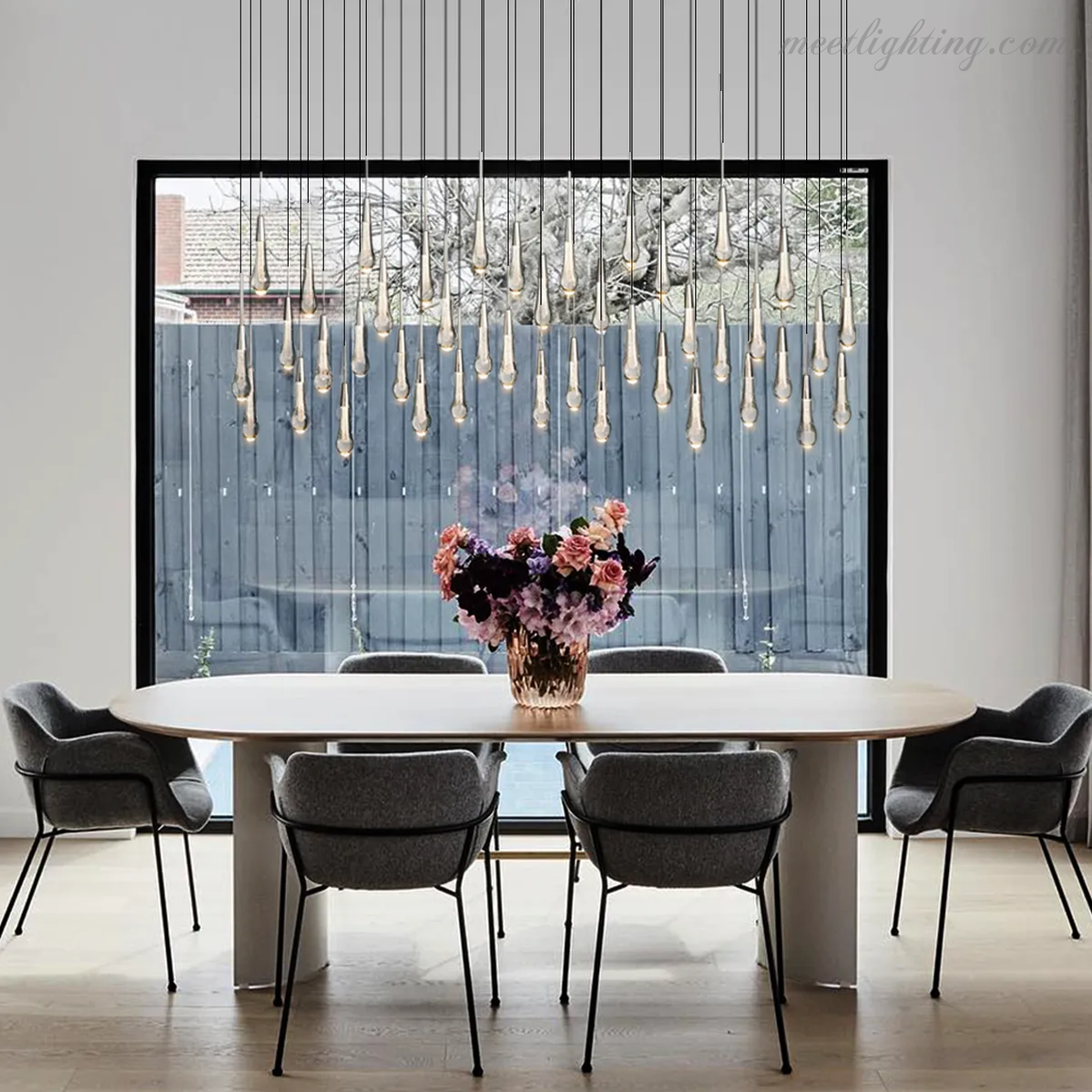 Linear LED Chandelier with Textured Glass Drops – Adjustable Height – Brass Bronze Nickel – 37 to 120 Inch – Dining Room Kitchen Island