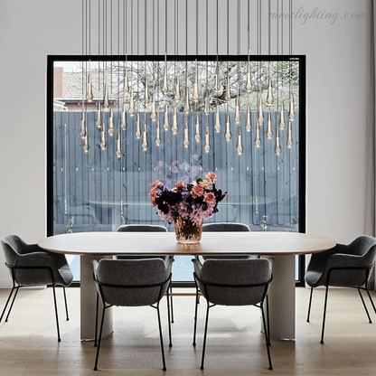 Linear LED Chandelier with Textured Glass Drops – Adjustable Height – Brass Bronze Nickel – 37 to 120 Inch – Dining Room Kitchen Island