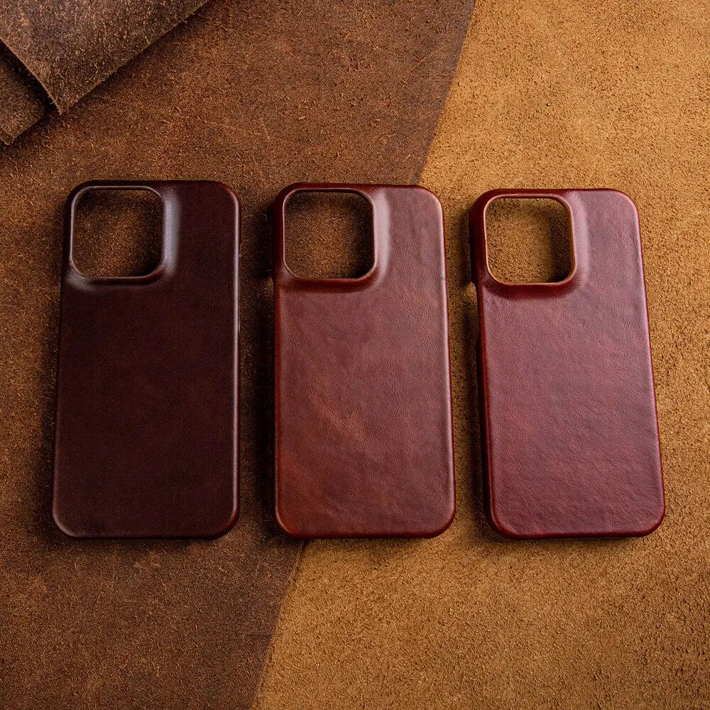 Handcrafted Full-Grain Cowhide iPhone Case – Shock-Absorbing Edge Protection with Raised Camera Lip and Port Precision
