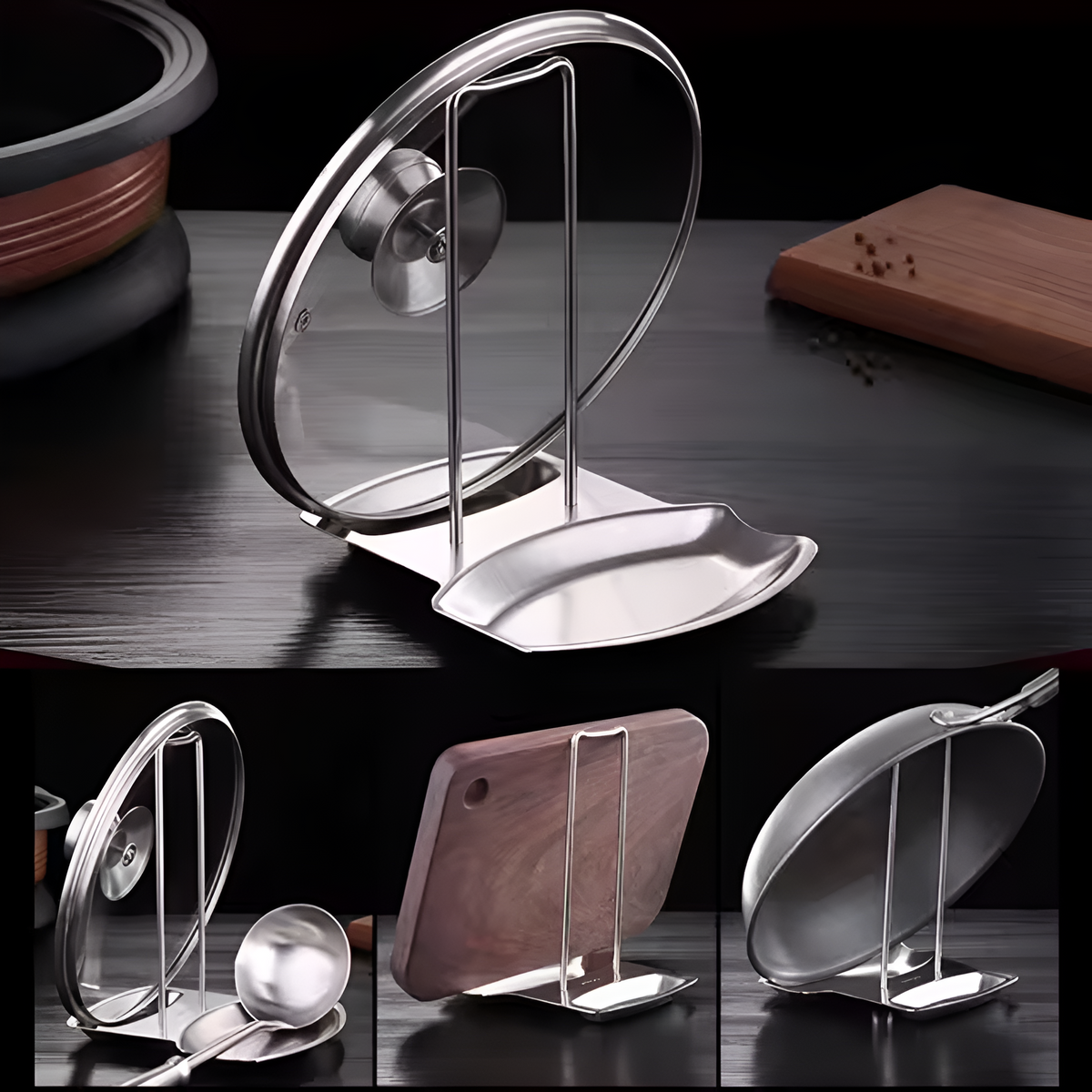 Sable Pot Lid and Spoon Holder - Stainless Steel, Space-Saving Design