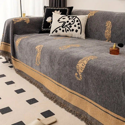 Sable Sofa Cover - Reversible Chenille, Tiger Motif for Sectional and Couch