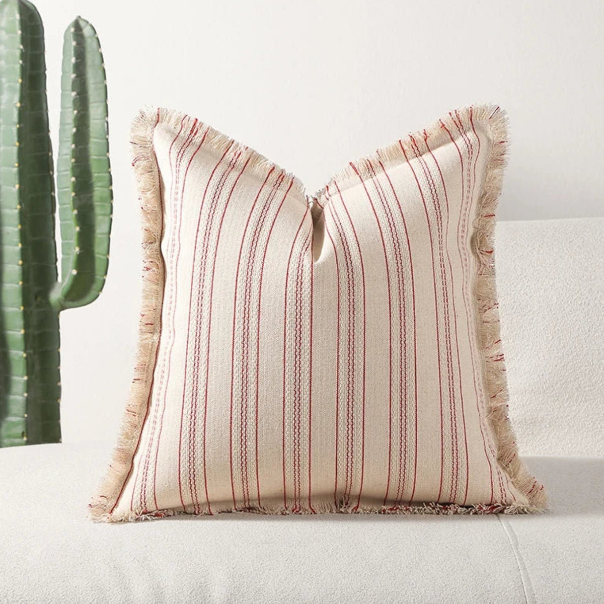 Sable Stripe Cushion Cover - Textured Cotton-Polyester Blend, Decorative Fringe