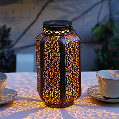 Openwork Metal Solar Lantern 9.3 in Hanging or Tabletop Garden Patio Light Outdoor Decorative Moroccan-Inspired Design for Porch Balcony Pat