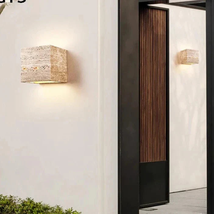 Outdoor LED Sconce Natural Stone Up-Down Light Waterproof Garden Wall Mount Fixture for Patio Entryway Facade 6.3 Inch Travertine Exterior L