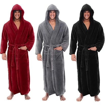 Bath Robe for Men, Mens Bathrobe with Hood, Thick Plush Hooded Robe, Long Soft Dressing Gown for Winter