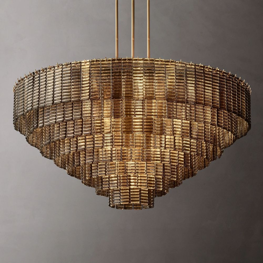 Circular Multi-Tier Art Deco Chandelier with Glass Panels for Dining Room, Foyer & Living Room – Statement Ceiling Light