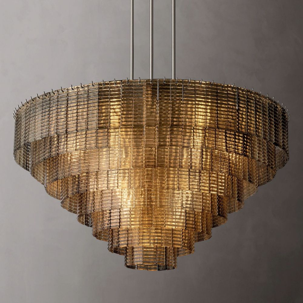 Circular Multi-Tier Art Deco Chandelier with Glass Panels for Dining Room, Foyer & Living Room – Statement Ceiling Light