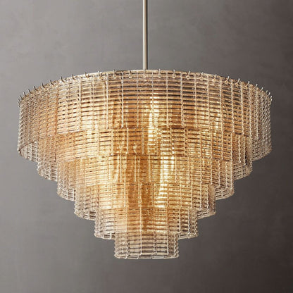 Circular Multi-Tier Art Deco Chandelier with Glass Panels for Dining Room, Foyer & Living Room – Statement Ceiling Light