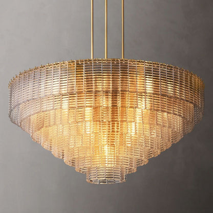 Circular Multi-Tier Art Deco Chandelier with Glass Panels for Dining Room, Foyer & Living Room – Statement Ceiling Light
