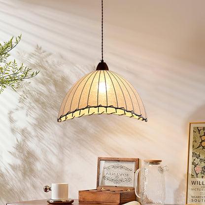 Fabric Dome Ceiling Light White 14 inch Ribbed Scalloped Hanging Fixture for Dining Room Bedroom Adjustable Height Vintage Modern E26 Socket