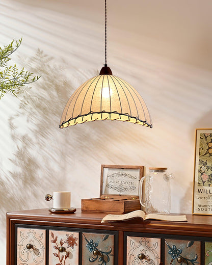 Fabric Dome Ceiling Light White 14 inch Ribbed Scalloped Hanging Fixture for Dining Room Bedroom Adjustable Height Vintage Modern E26 Socket