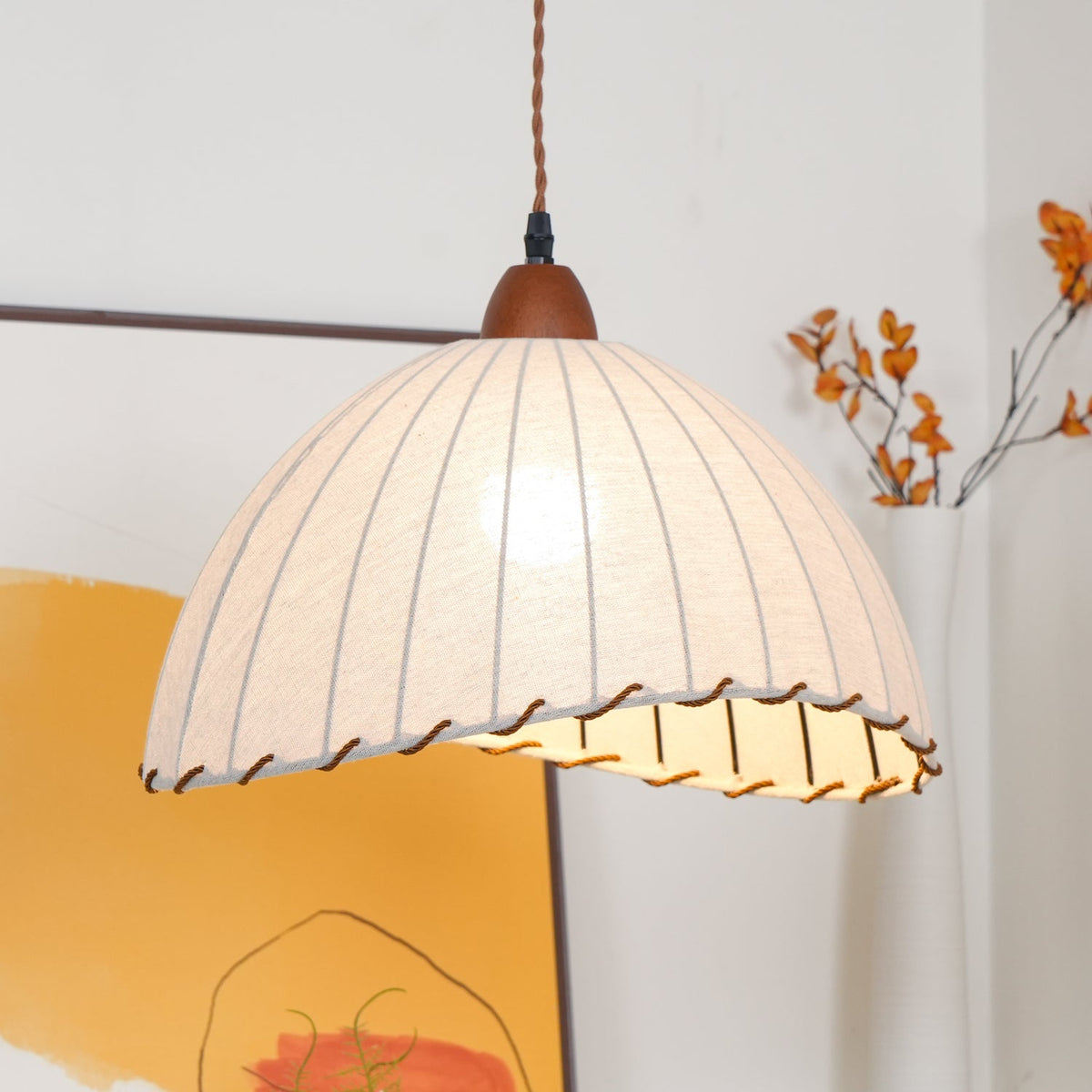 Fabric Dome Ceiling Light White 14 inch Ribbed Scalloped Hanging Fixture for Dining Room Bedroom Adjustable Height Vintage Modern E26 Socket